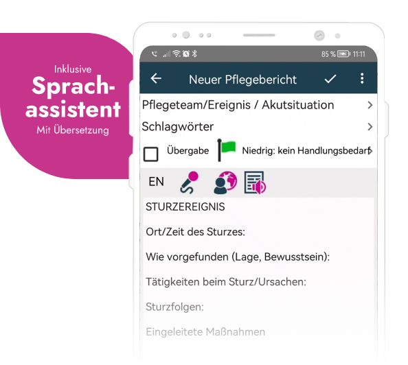 Bild eines Pflegebericht mit Highlight des Sprachassistenten mit Übersetzungsfunktion
